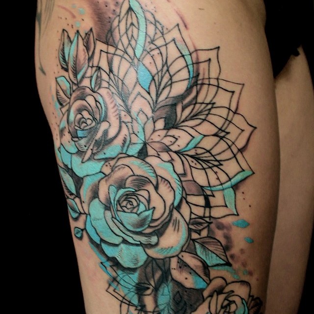 Artistic mandala and roses tattoo
