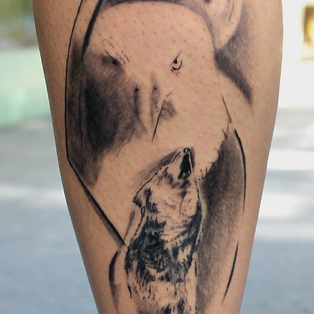 Eagle, wolf and Moon tattoo on calf